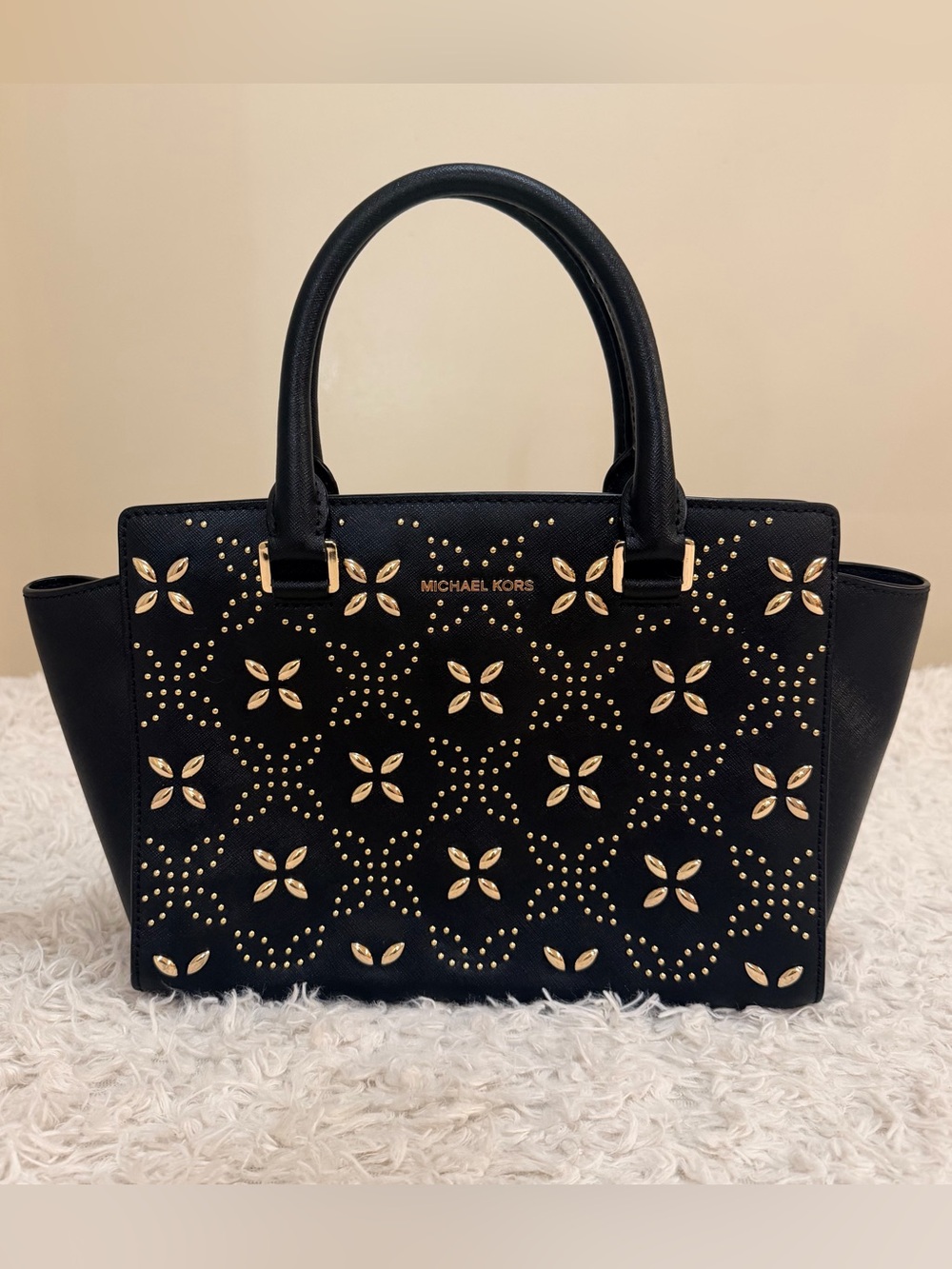 Michael Kors Selma Medium Studded Floral Satchel In Black Saffiano Leather